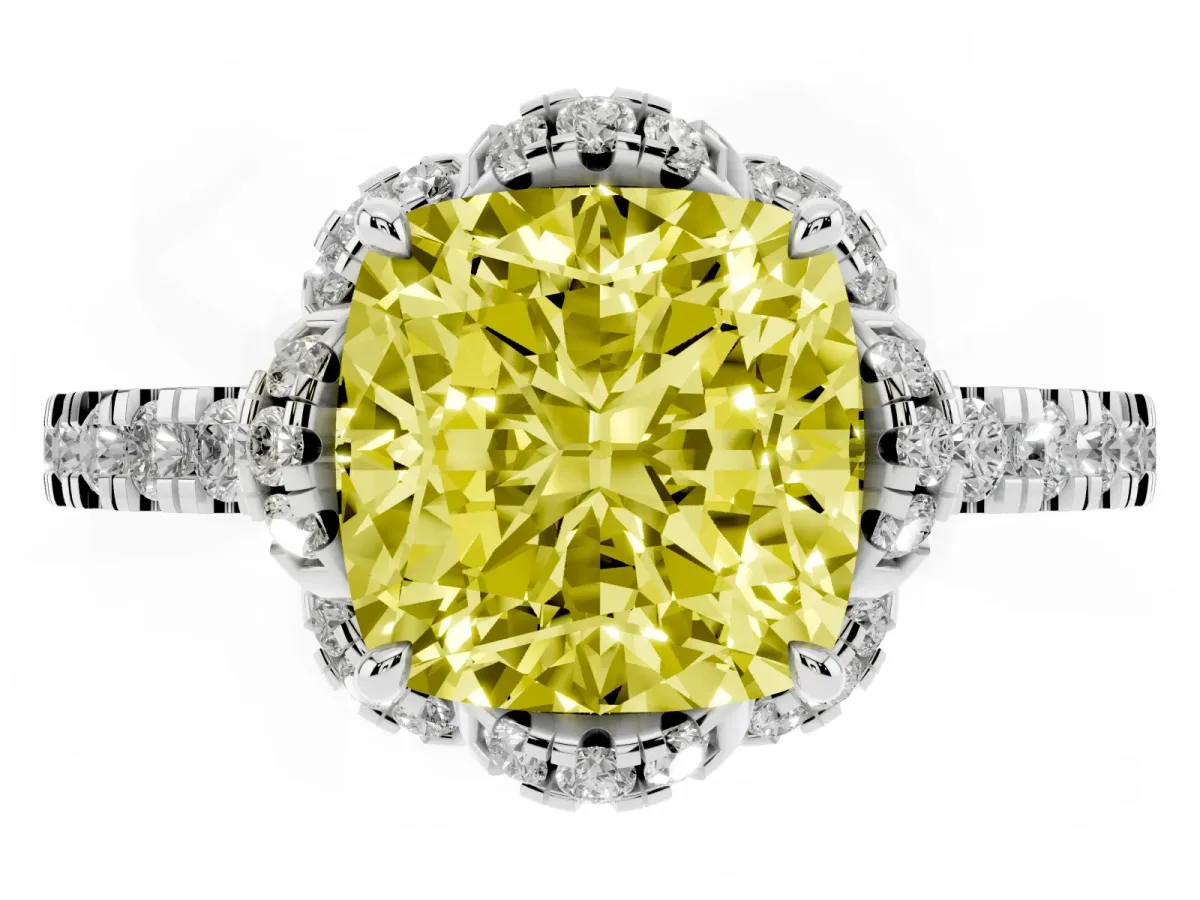 Fancy Yellow Cushion Cut Diamond Halo Pave Band with Four-Prong Setting Platinum