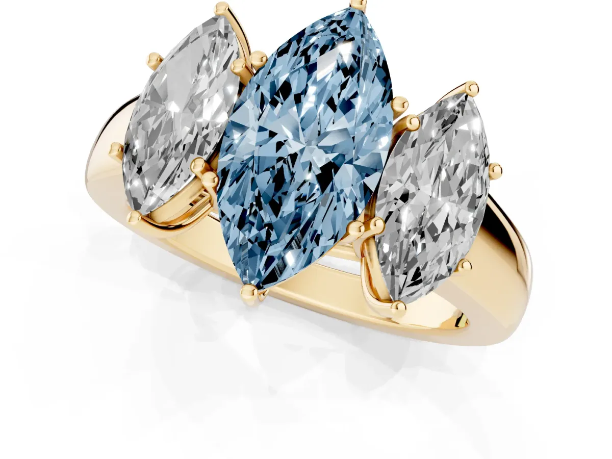 Fancy Blue Three-Stone Marquise Cut Cut Diamond Ring with Prong Setting and Classic Band Yellow gold