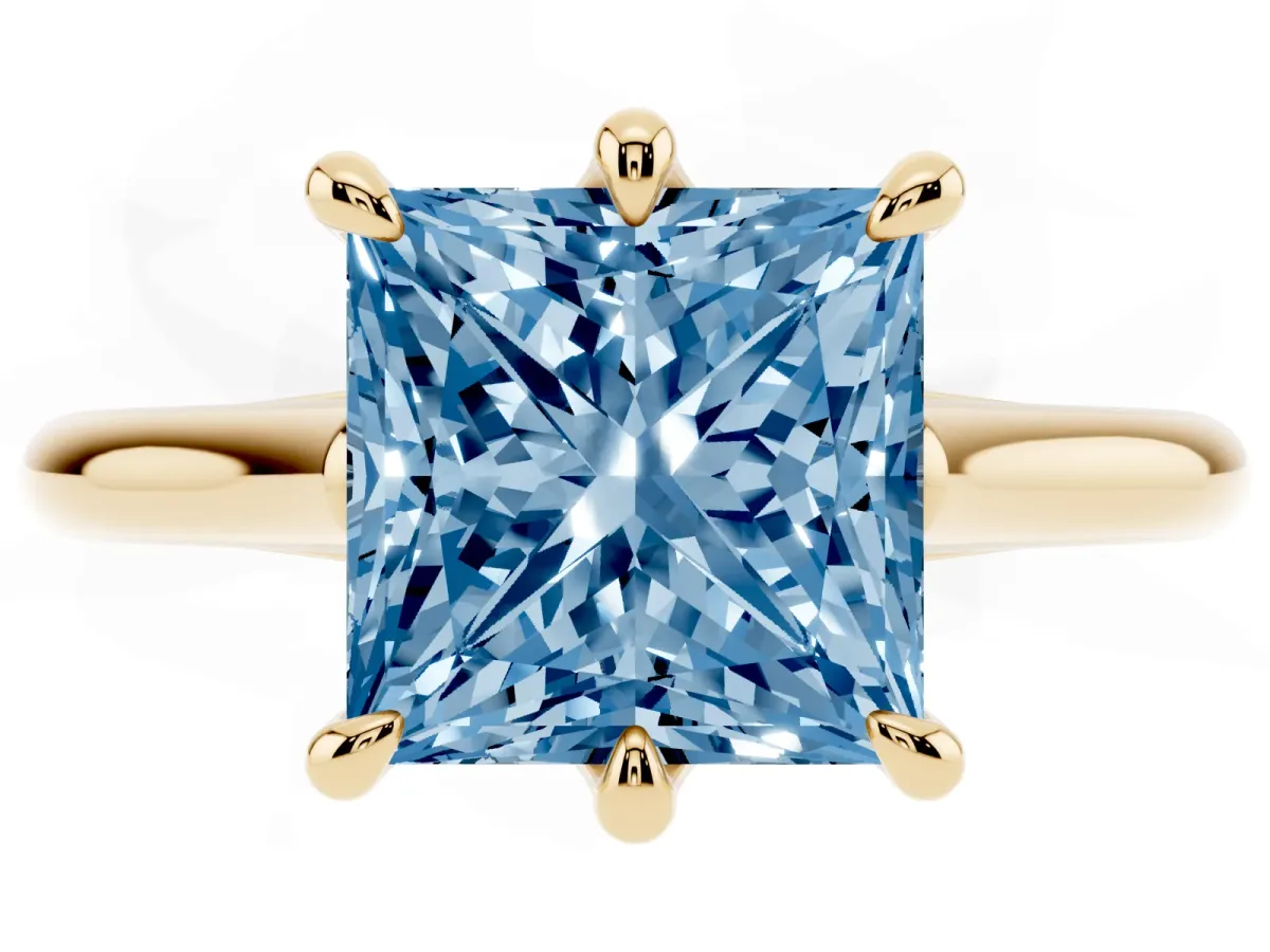 Fancy Blue Princess Cut Solitaire Engagement Ring with Six-Prong Setting and Classic Band Yellow gold