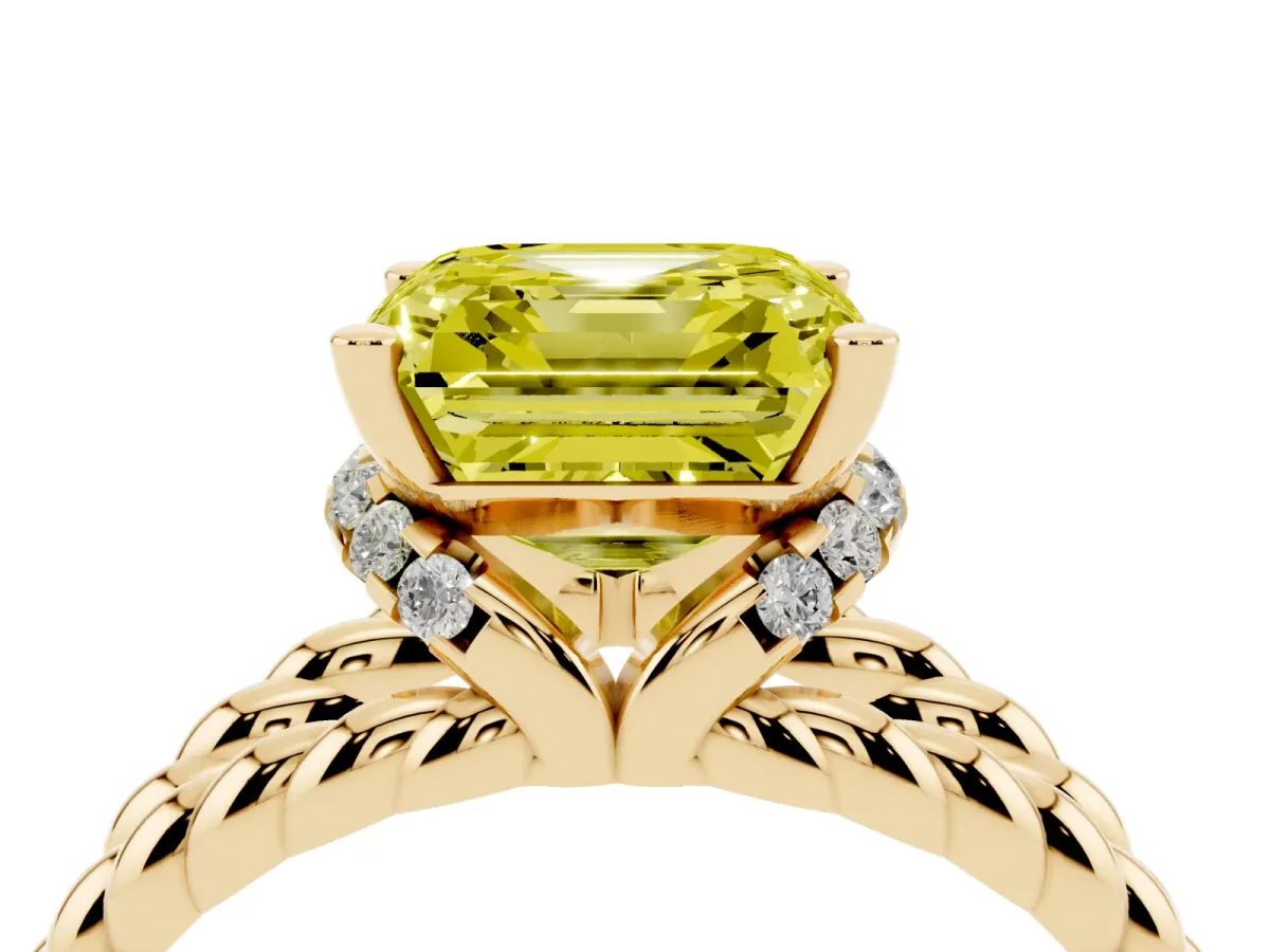 Fancy Yellow Asscher Cut Halo Twisted Band Four-Prong Ring Yellow gold