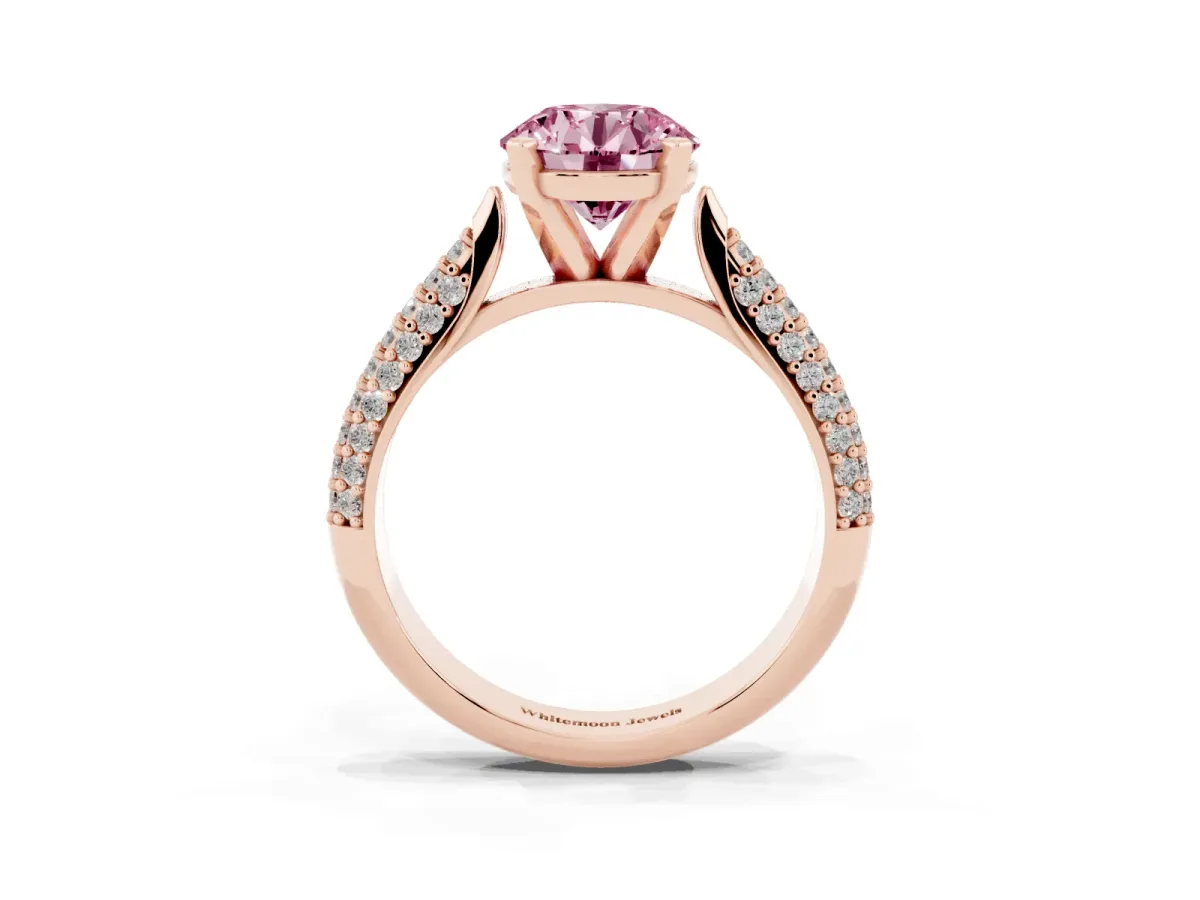 Fancy Pink Round Cut Diamond Solitaire Engagement Ring with Multi-Row Round Pavé Band and Prong Setting Rose gold