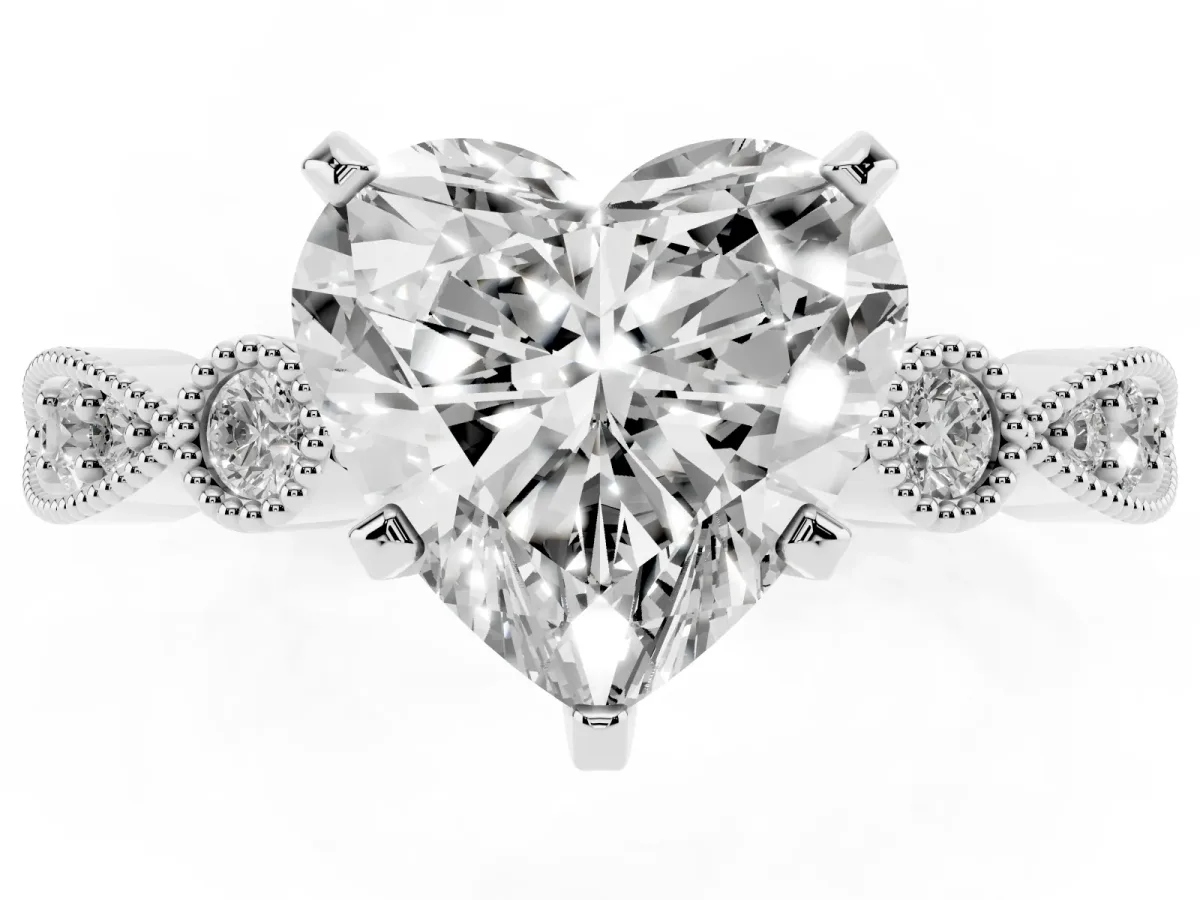Heart Cut Milgrain Bezel Diamond Engagement Ring with Solitaire Prong Setting Silver