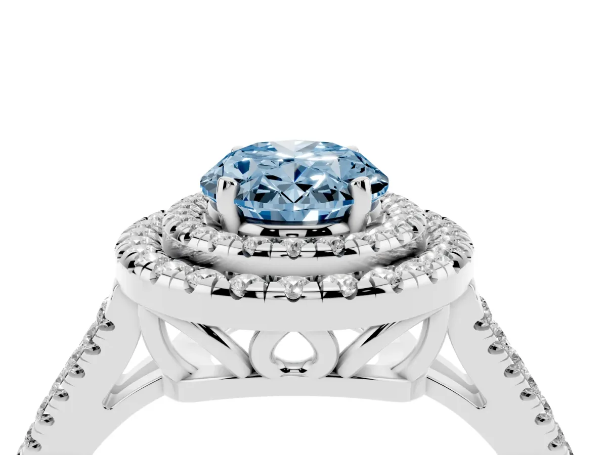 Fancy Blue Oval Cut Diamond Double Halo Ring with Pavé Band and Prong Setting Silver