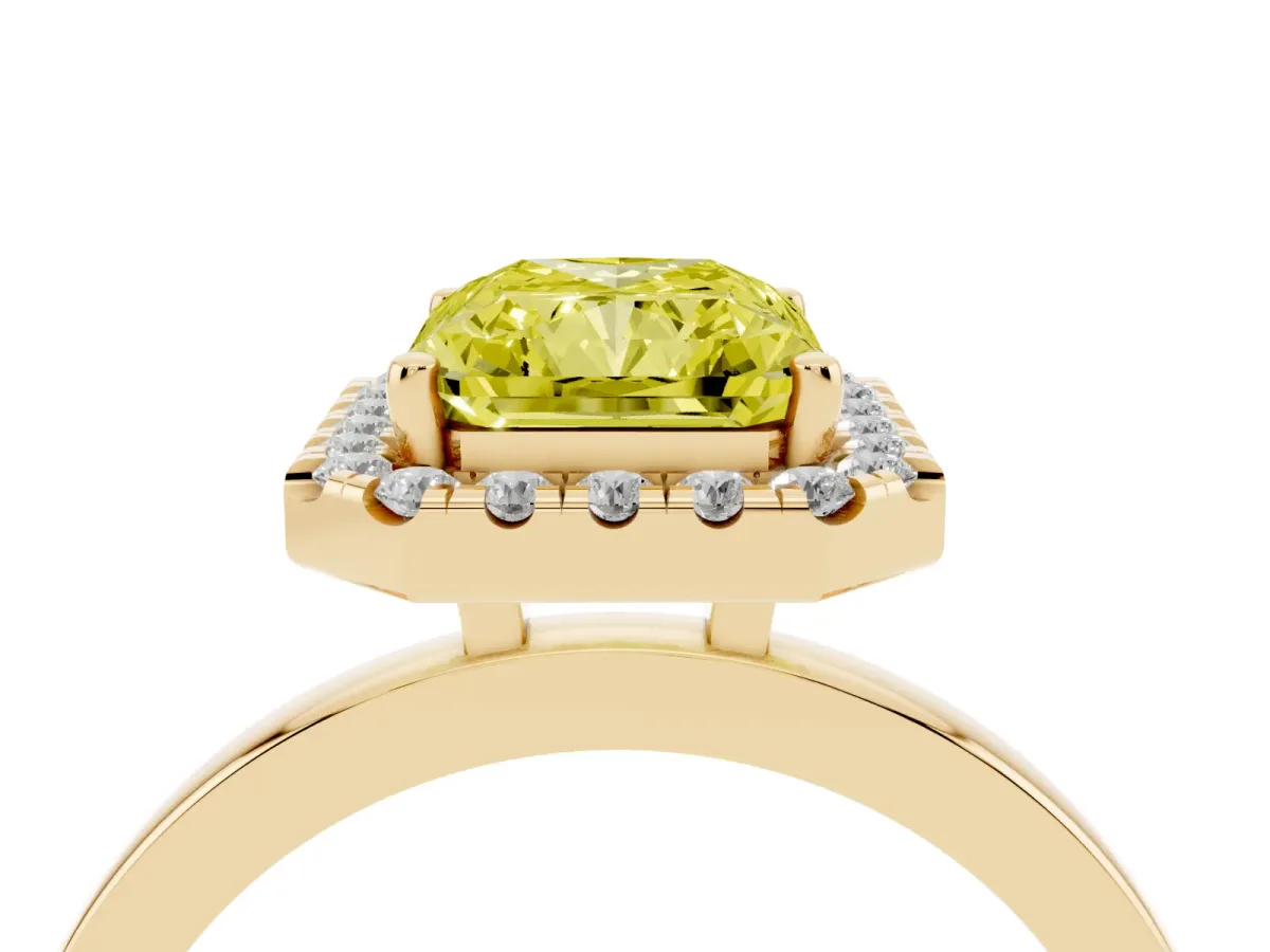 Fancy Yellow Radiant Cut Halo Diamond Solitaire with Pavé Band and Four-Prong Setting Yellow gold