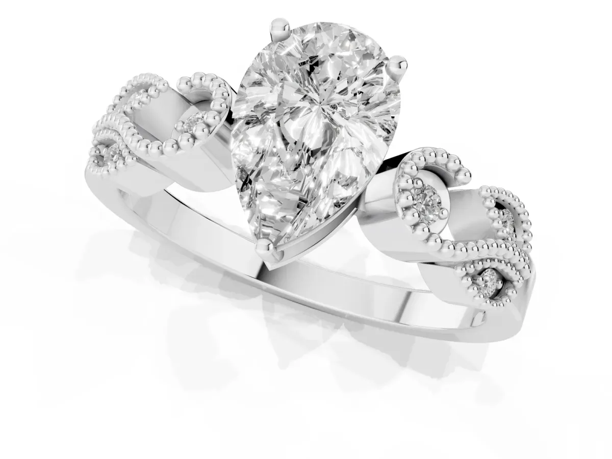 Pear Cut Solitaire Milgrain Leaf Band with Prong Setting Silver