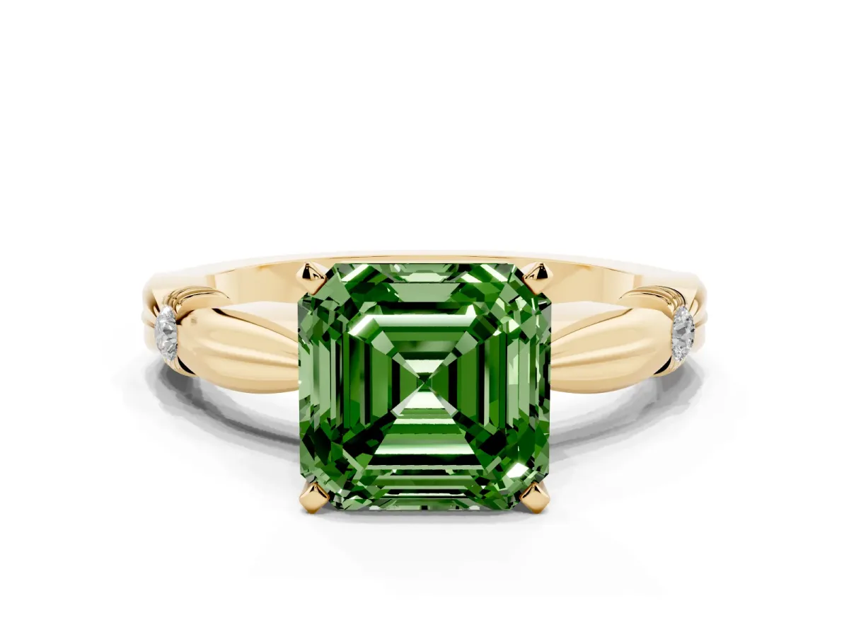 Fancy Green Asscher Cut Solitaire Diamond Twisted Band with Four-Prong Setting Yellow gold