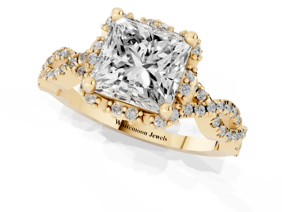 Princess Cut Halo Twist Band Solitaire Ring with Six-Prong Setting Yellow gold