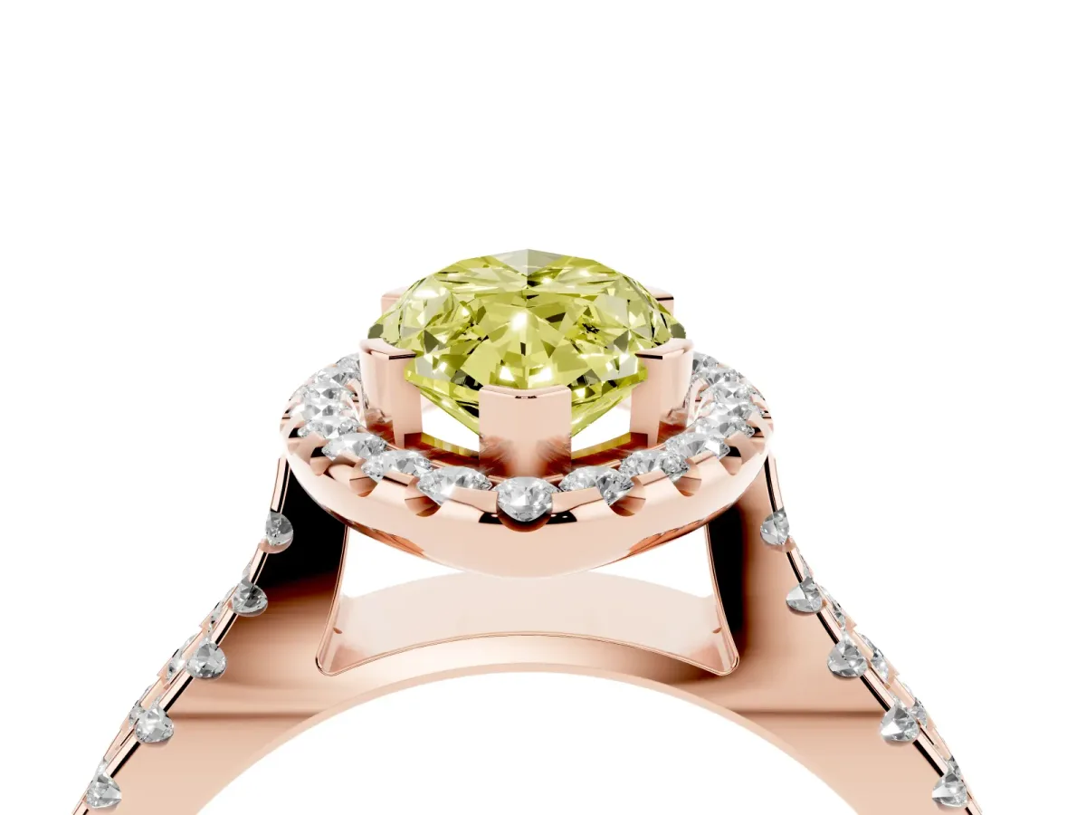 Fancy Yellow Marquise Cut Diamond Halo Ring with Split Shank Pavé Band and Prong Setting Rose gold