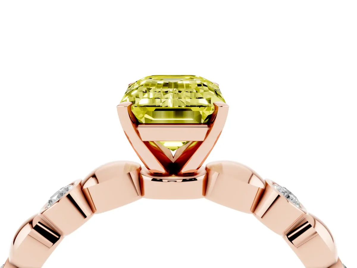 Fancy Yellow Emerald Cut Solitaire Bezel-Set Diamond Ring with Beaded Band and Four-Prong Setting Rose gold