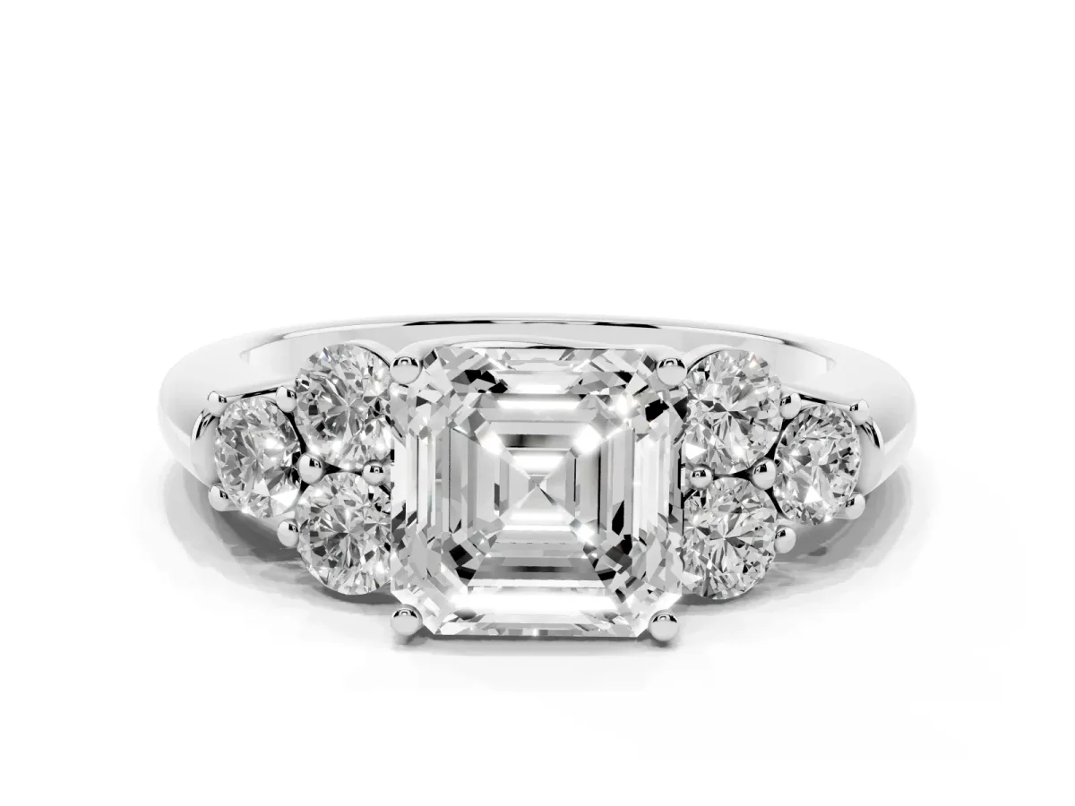 Asscher Cut Cut Diamond Cluster Ring with Round Accent Stones and Prong Setting on a Classic Band Platinum