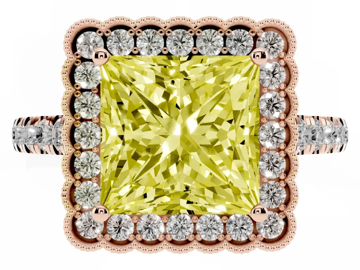 Fancy Yellow Princess Cut Cut Diamond Milgrain Floral Halo Engagement Ring with Pavé Band Rose gold