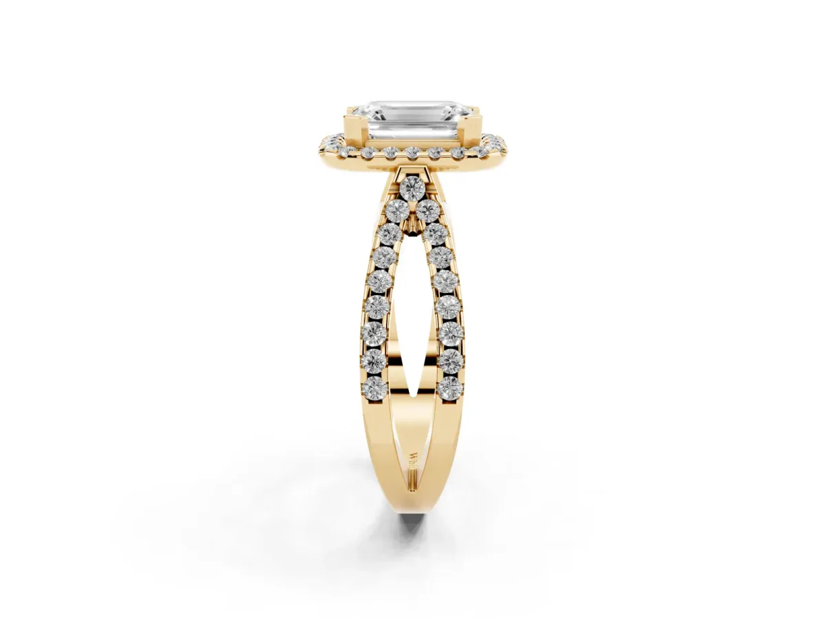 Emerald Cut Diamond Halo Ring with Split Shank Pavé Band and Prong Setting Yellow gold