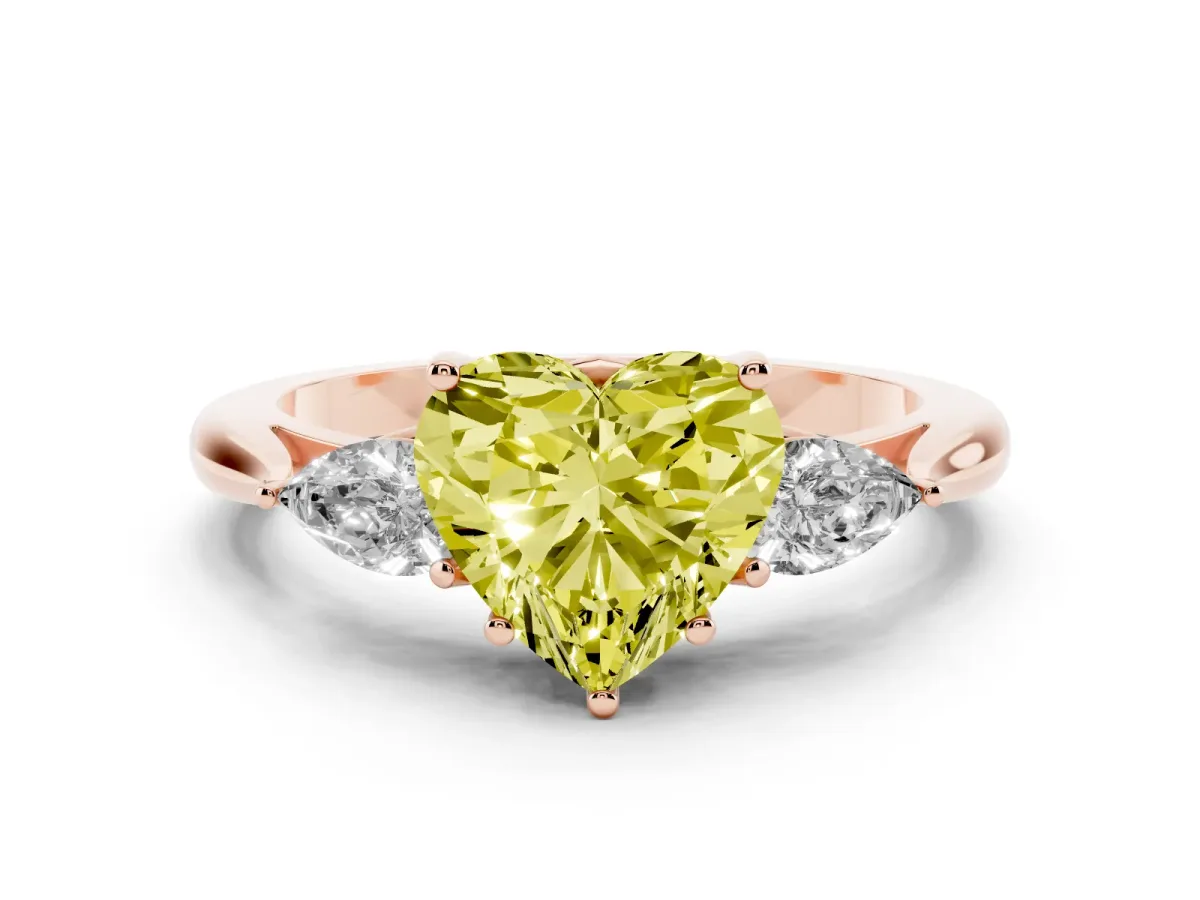 Fancy Yellow Three-Stone Heart Cut Diamond Ring with Pear Side Stones in Four-Prong Setting Rose gold