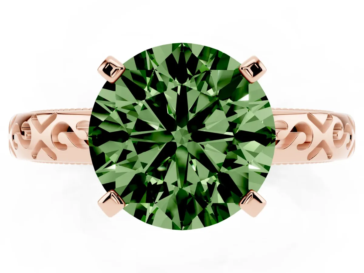 Fancy Green Round Cut Solitaire Engagement Ring with Scrollwork Band and Four-Prong Setting Rose gold