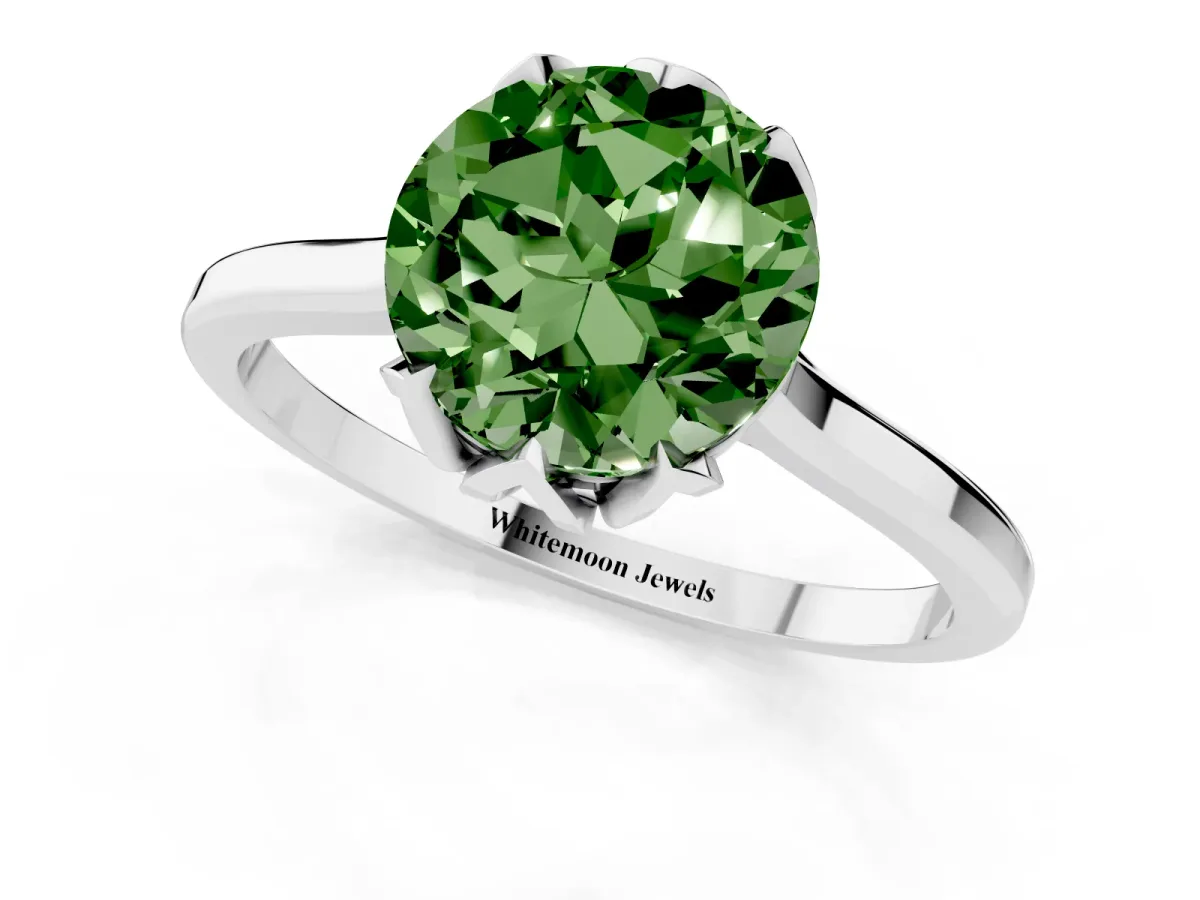 Fancy Green Round Cut Diamond Solitaire Ring with Flower Prong Setting and Classic Band Silver