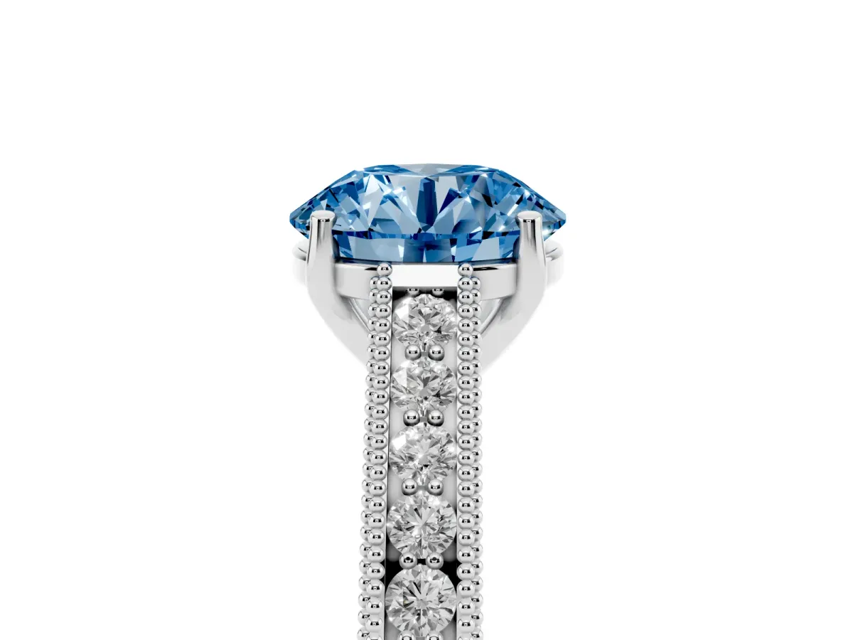 Fancy Blue Round Cut Cut Pave Band Milgrain Solitaire Ring Silver