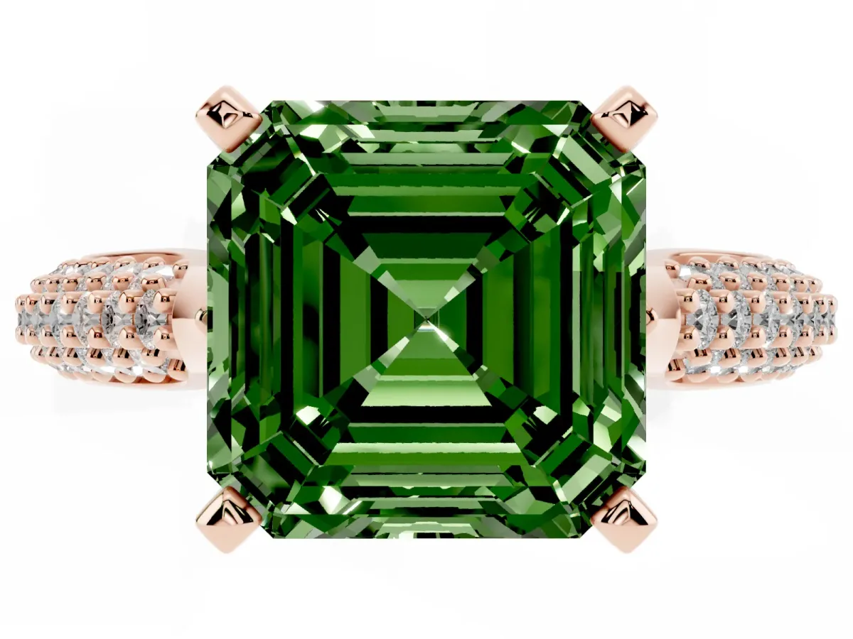 Fancy Green Asscher Cut Diamond Solitaire Engagement Ring with Multi-Row Round Pavé Band and Prong Setting Rose gold
