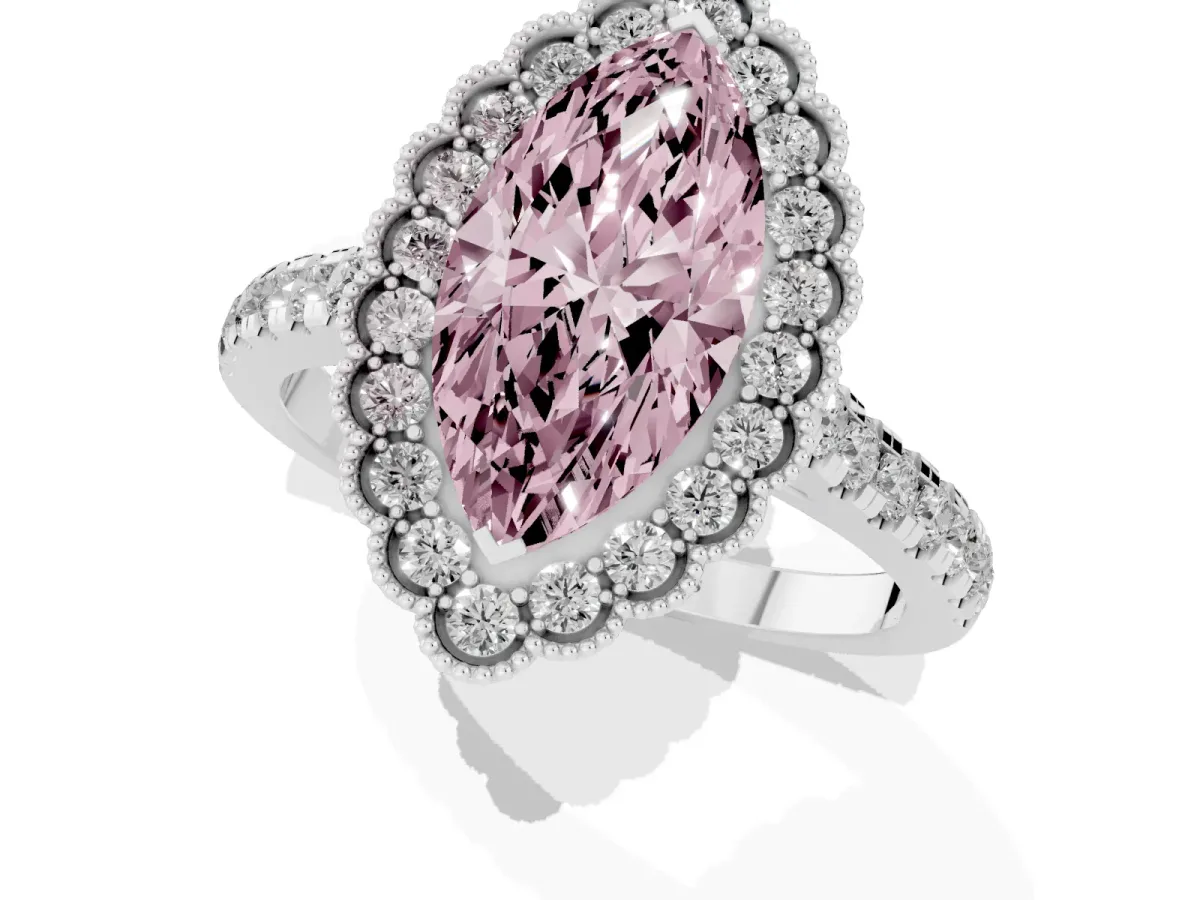Fancy Pink Marquise Cut Cut Diamond Milgrain Floral Halo Engagement Ring with Pavé Band Silver