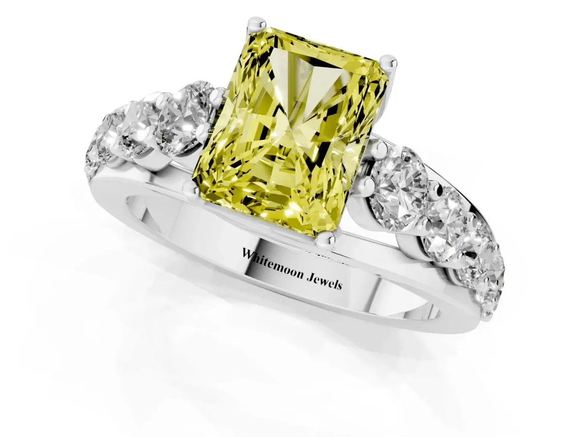 Fancy Yellow Radiant Cut Diamond Engagement Ring with Pavé Band and Four-Prong Setting Silver