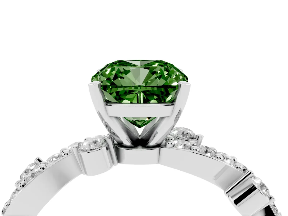 Fancy Green Cushion Cut Cut Solitaire Diamond Twisted Band with Pave Setting Silver