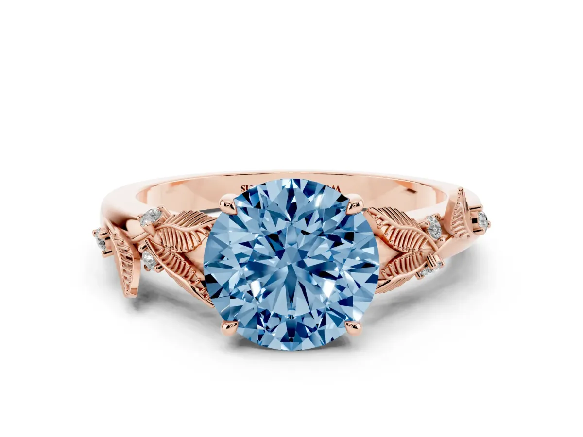 Fancy Blue Round Cut Diamond Solitaire Ring with Leaf Motif Band and Four-Prong Setting Rose gold