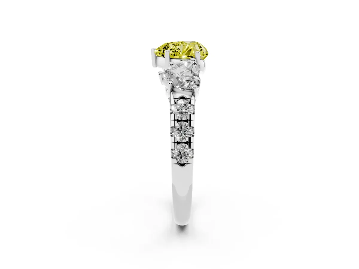 Fancy Yellow Three-Stone Heart Cut Diamond Pavé Band with Prong Setting Silver