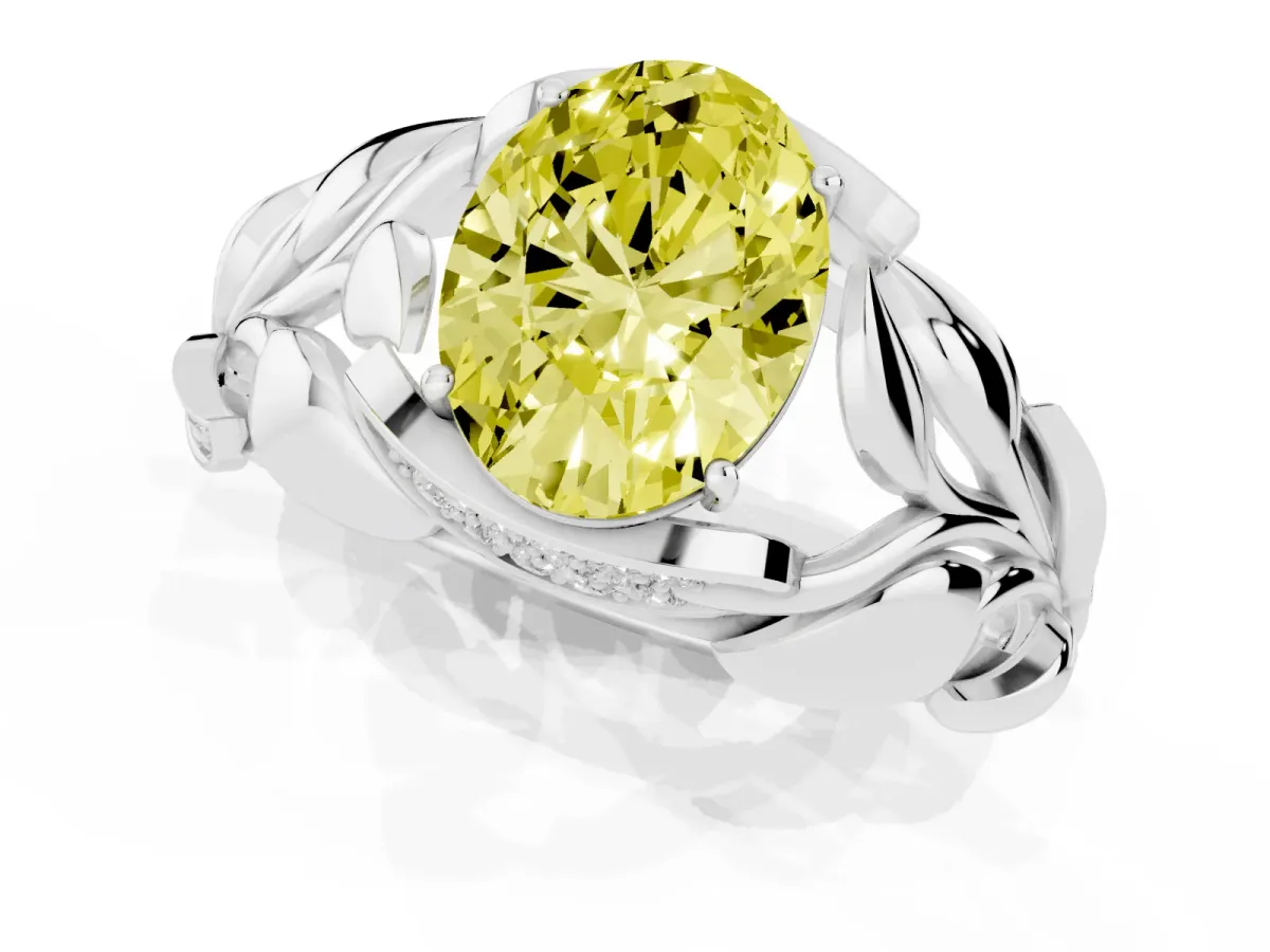 Fancy Yellow Oval Cut Diamond Leaf-Inspired Engagement Ring with Round Accents and Prong Setting White gold