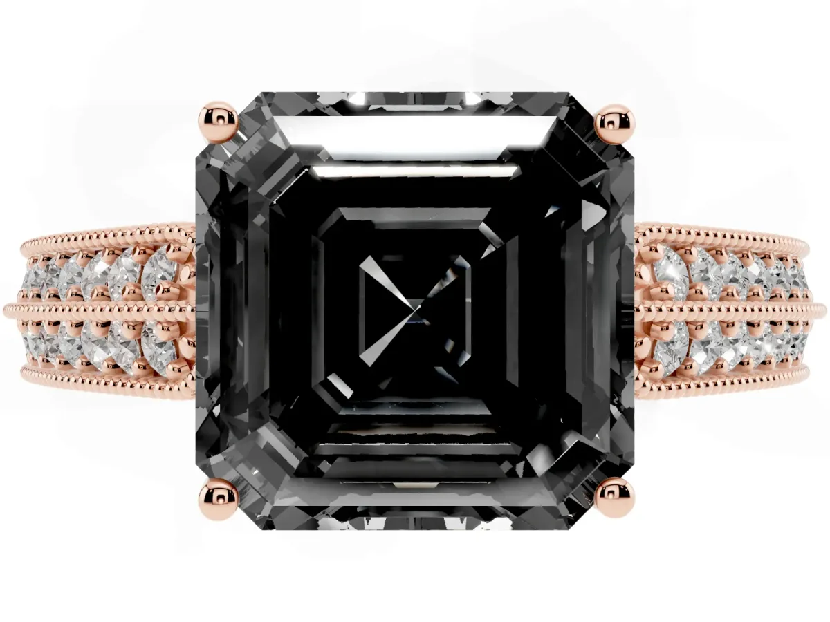 Fancy Black Asscher Cut Cut Pave Split Shank Engagement Ring with Four-Prong Setting Rose gold