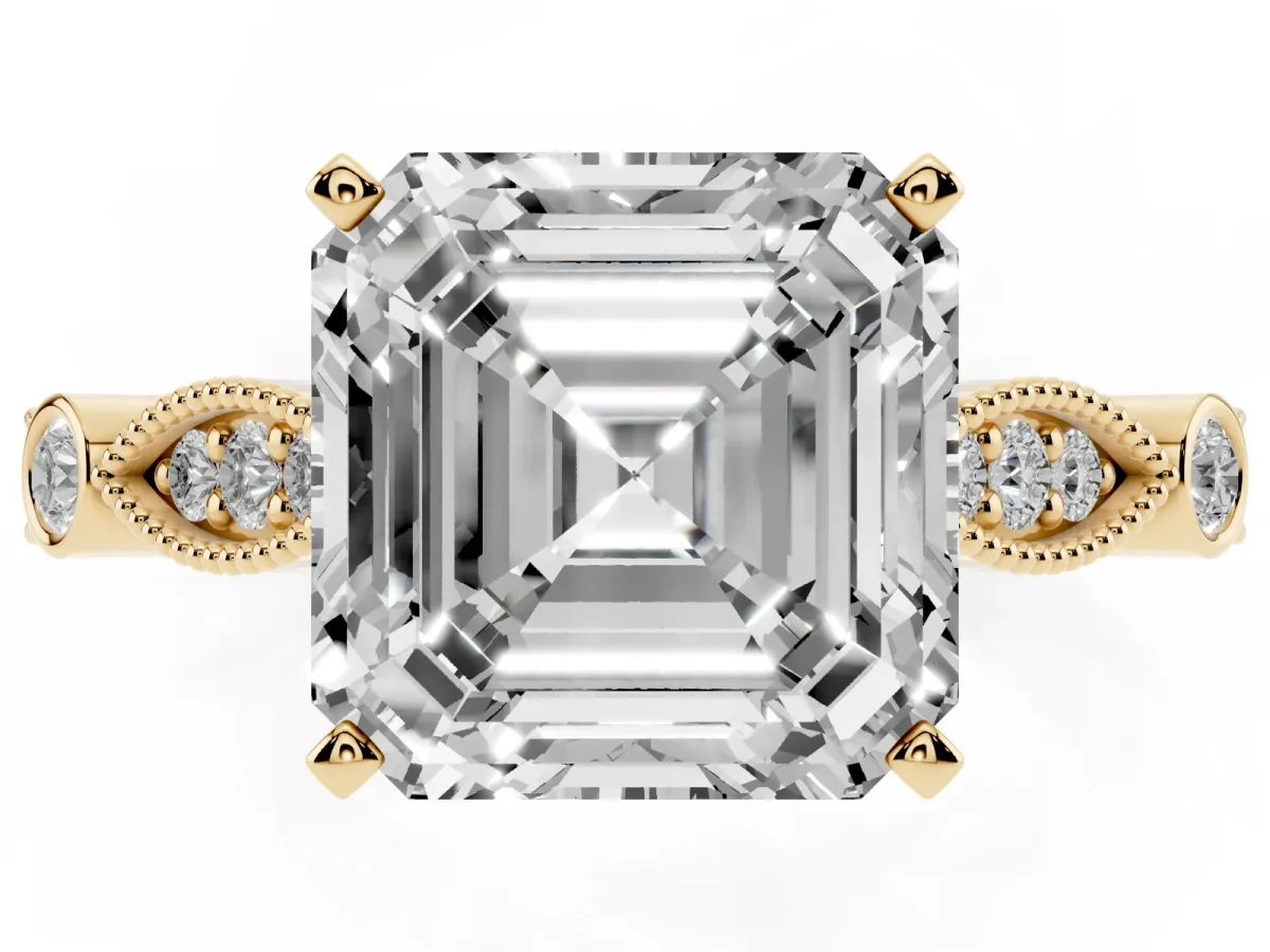 Asscher Cut Cut Diamond with Milgrain Marquise and Bezel Accents on a Solitaire Band with Prong Setting Yellow gold