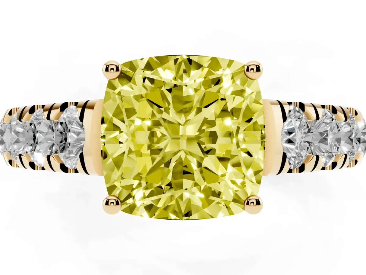 Fancy Yellow Cushion Cut Cut Diamond Solitaire Ring with Micro Pave Band and Prong Setting Yellow gold