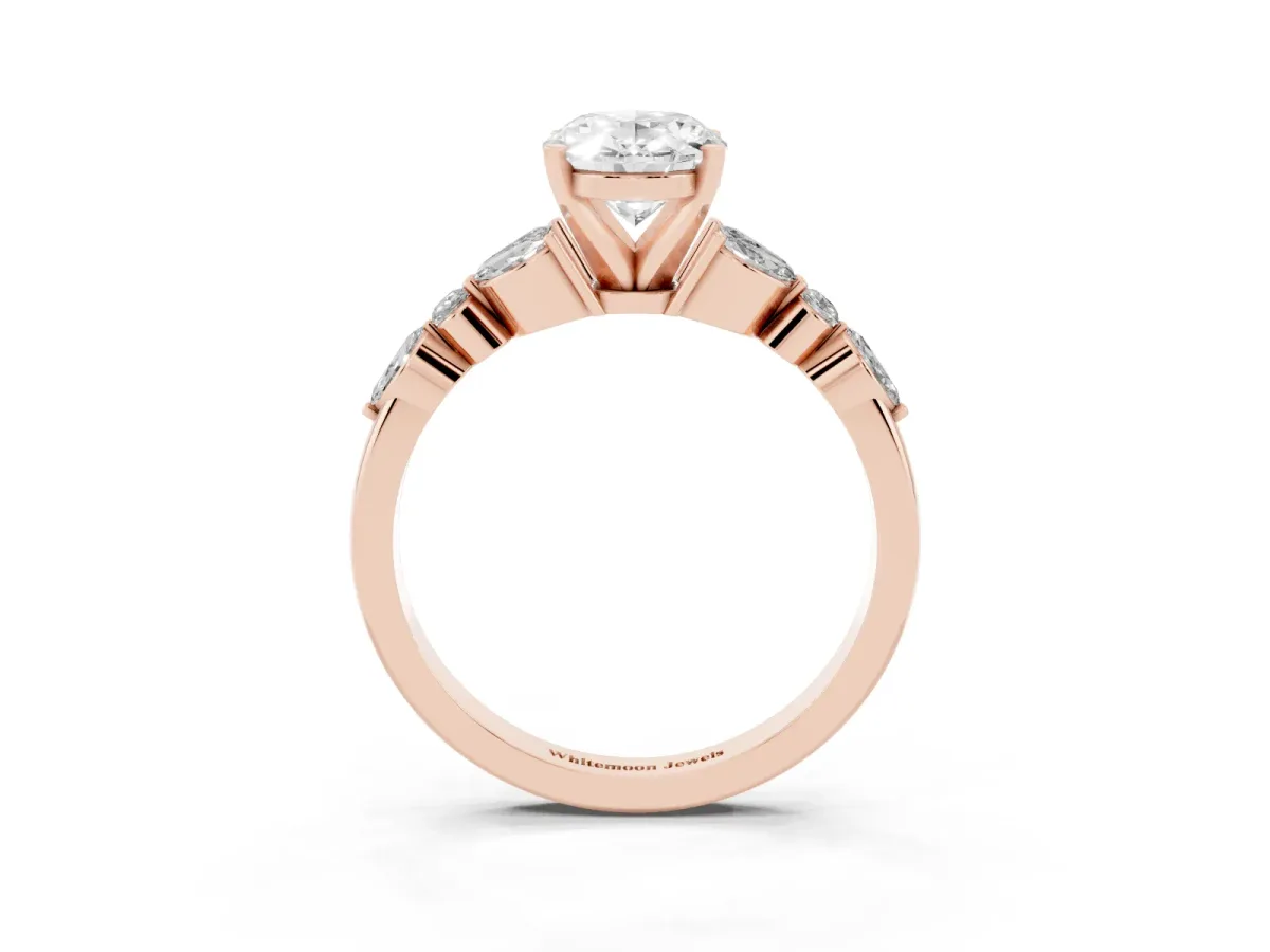 Oval Cut Diamond Solitaire Ring with Side Stones and Four-Prong Setting Rose gold