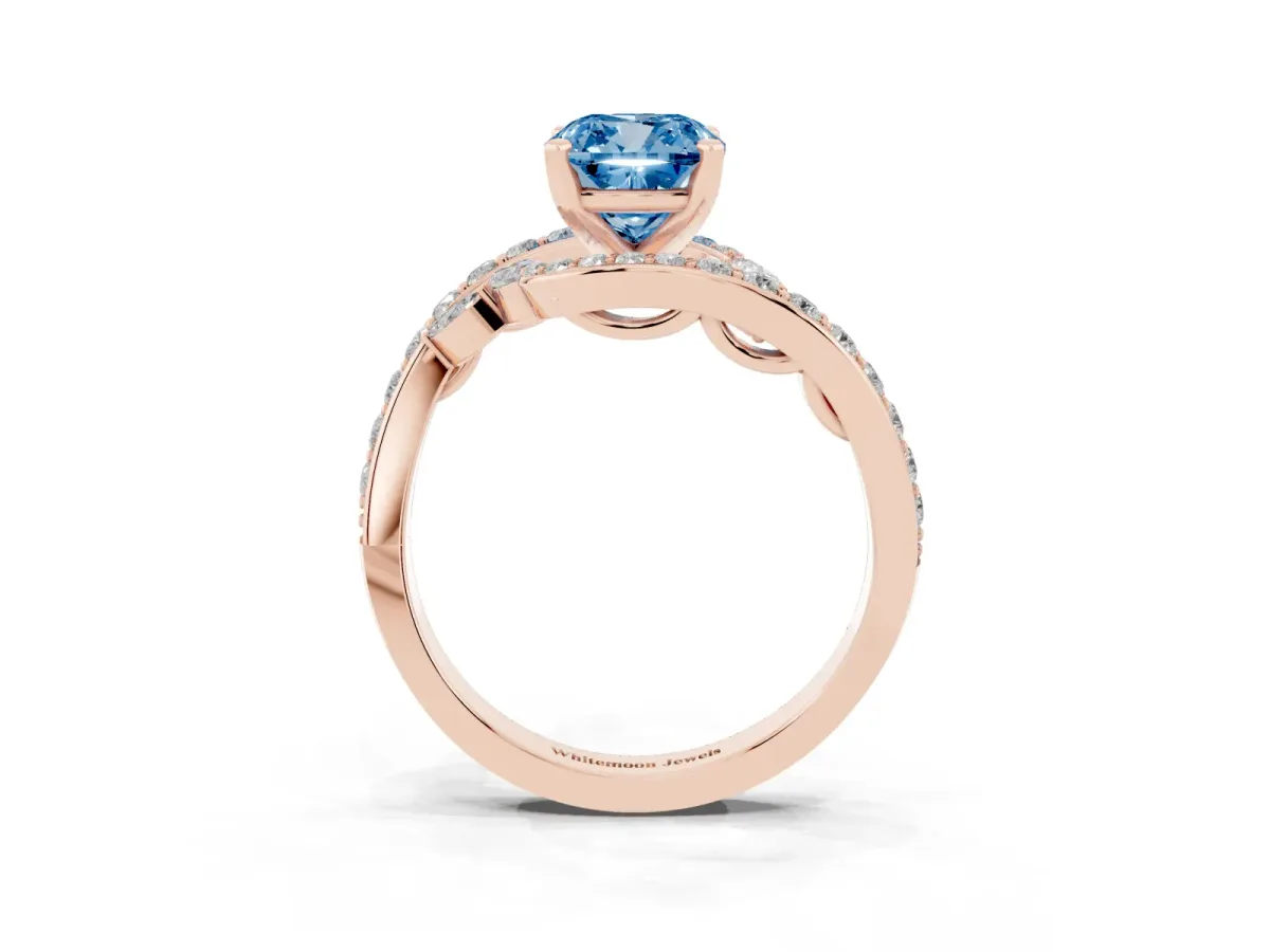 Fancy Blue Cushion Cut Diamond Solitaire Ring with Filigree Band and Four-Prong Setting Rose gold