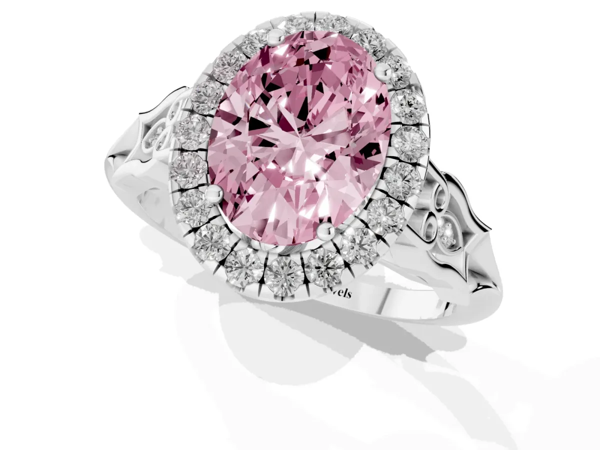 Fancy Pink Oval Cut Halo Diamond Engagement Ring with Filigree Band and Four-Prong Setting White gold