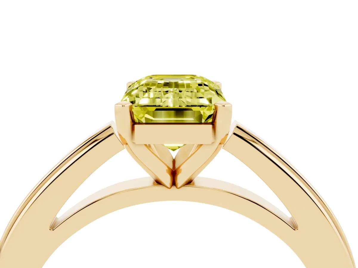 Fancy Yellow Emerald Cut Solitaire Diamond Ring with Four-Prong Setting and Classic Band Yellow gold