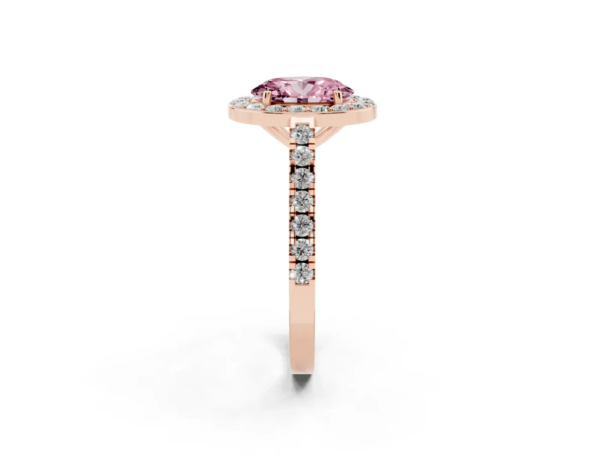Fancy Pink Oval Cut Diamond Halo Ring with Round Pavé Split Shank and Prong Setting Rose gold
