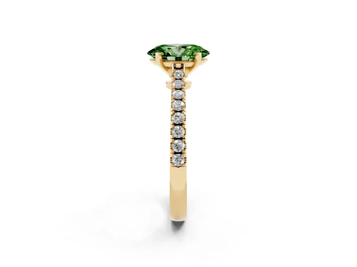 Fancy Green Oval Cut Cut Solitaire Diamond Engagement Ring with Pave Band and Four-Prong Setting Yellow gold