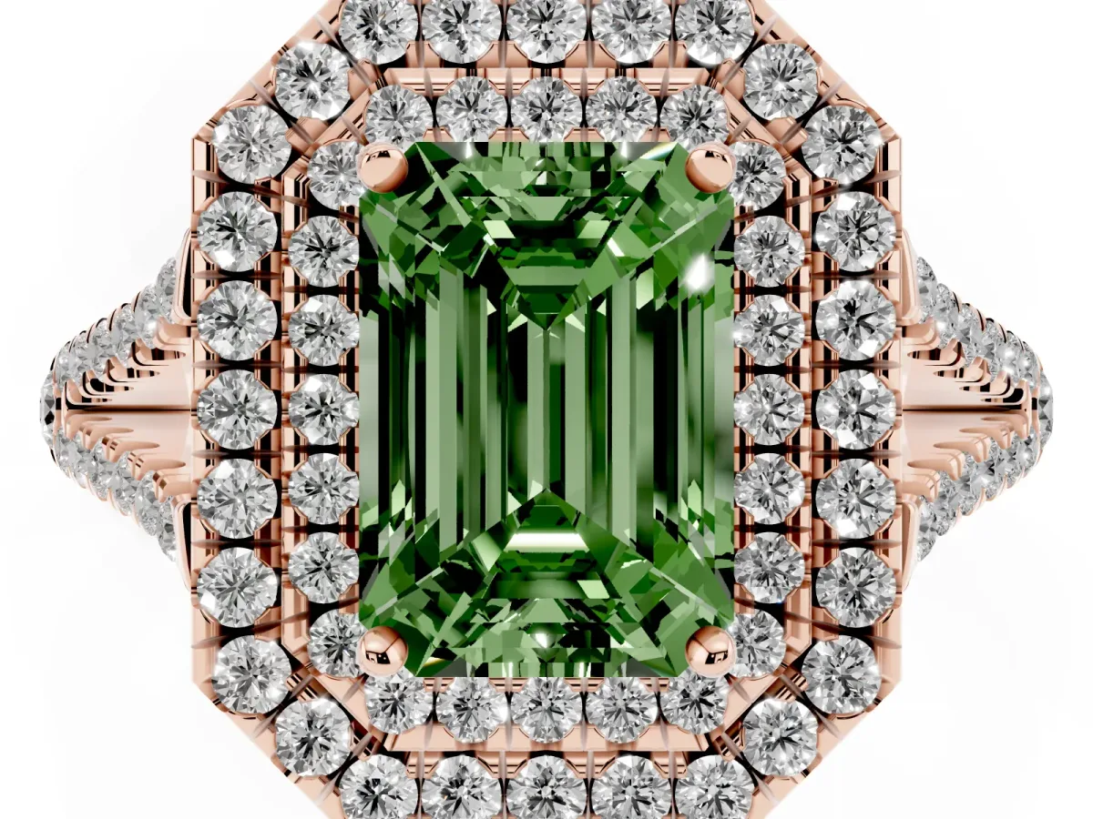 Fancy Green Emerald Cut Diamond Double Halo Ring with Pavé Band and Prong Setting Rose gold
