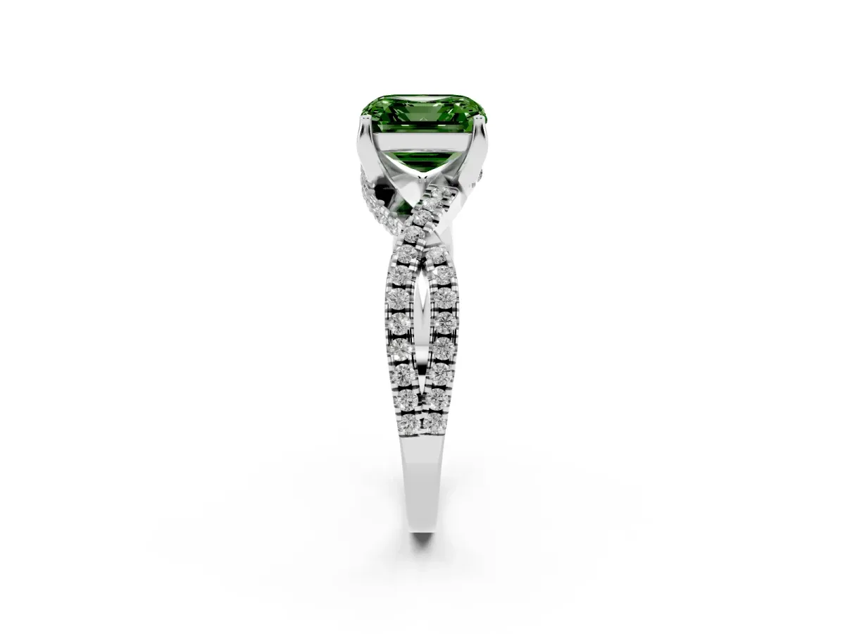 Fancy Green Asscher Cut Solitaire Twist Pave Diamond Engagement Ring with Prong Setting Silver