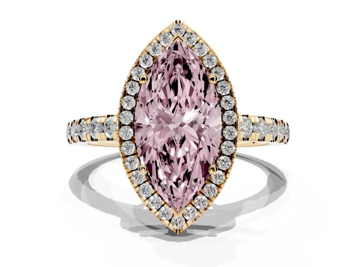 Fancy Pink Marquise Cut Diamond Halo Ring with Pavé Band and Four-Prong Setting Yellow gold