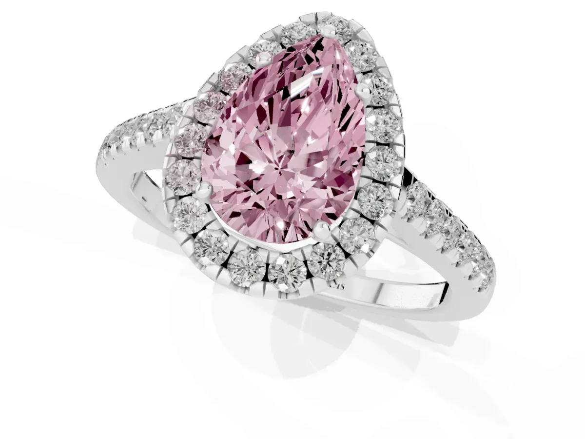 Fancy Pink Pear Cut Halo Pave Diamond Engagement Ring with Four-Prong Setting Silver