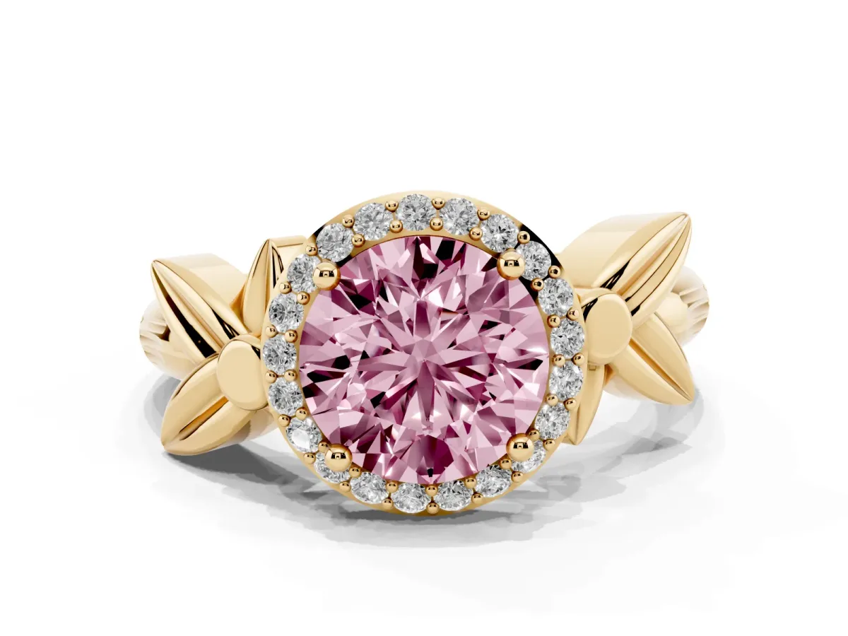 Fancy Pink Round Cut Halo Diamond Floral Band with Four-Prong Setting Yellow gold