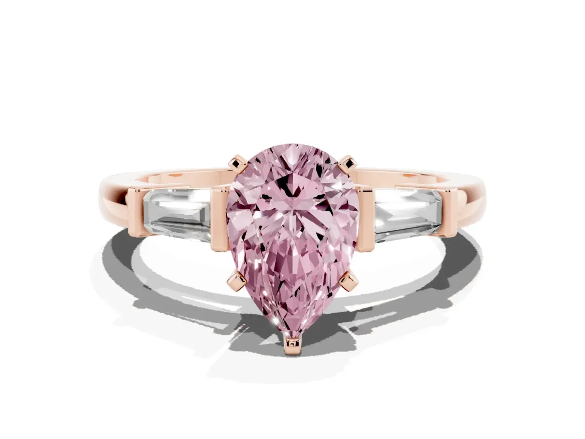 Fancy Pink Pear Cut Cut Diamond Solitaire Ring with Tapered Baguette Accents and Four-Prong Setting Rose gold