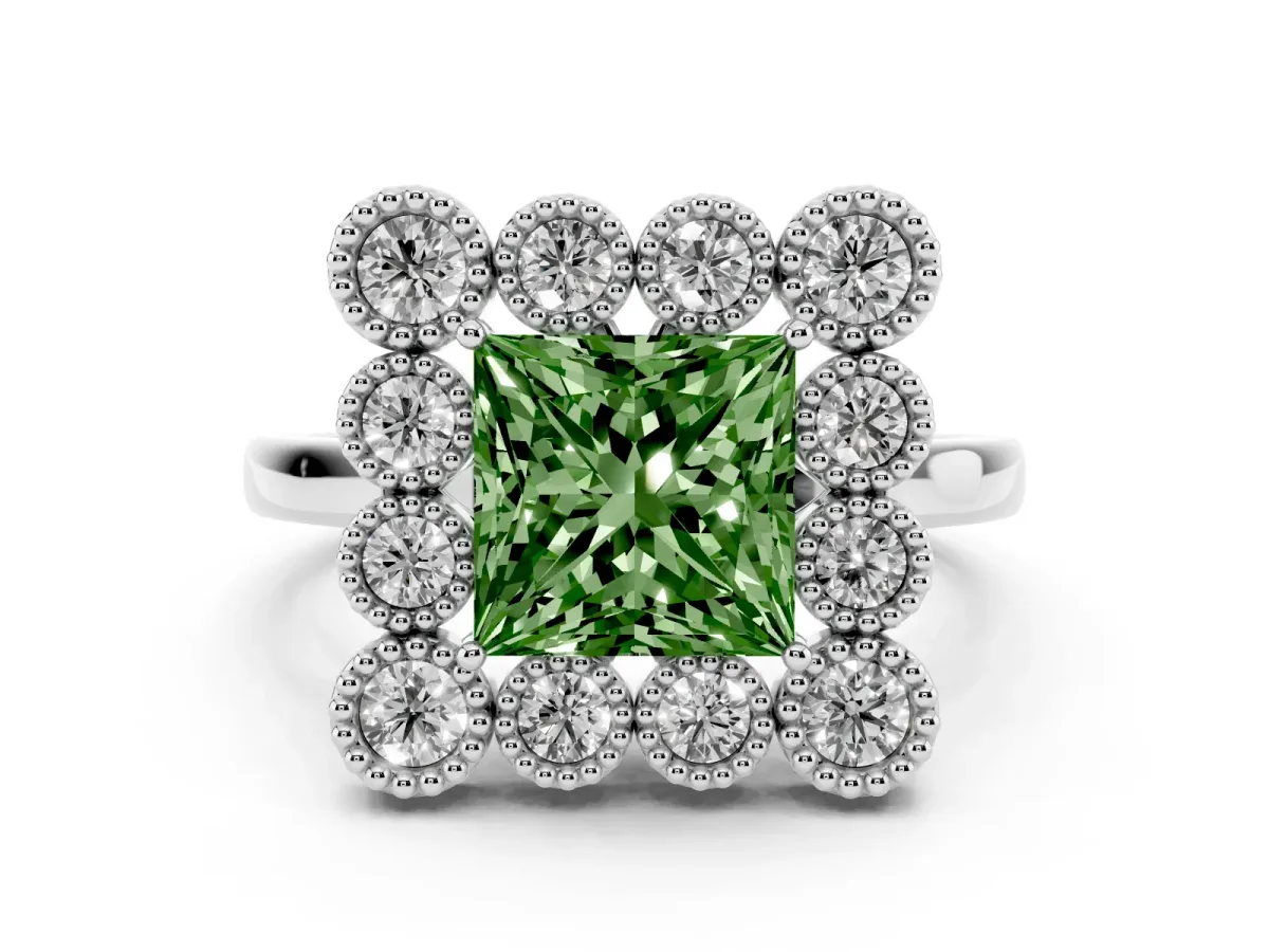 Fancy Green Princess Cut Halo Diamond Cluster Engagement Ring with Milgrain Bezel Setting and Solitaire Band White gold