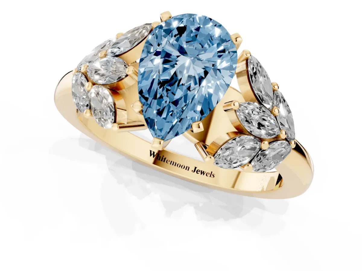 Fancy Blue Pear Cut Diamond Cluster Leaf Design Ring with Prong Setting Yellow gold
