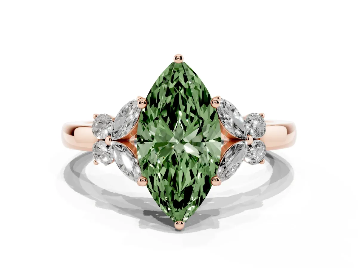 Fancy Green Marquise Cut Cut Solitaire Floral Diamond Ring with Four-Prong Setting Rose gold