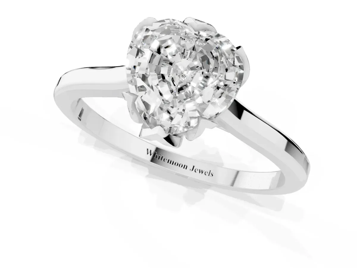 Heart Cut Diamond Solitaire Ring with Flower Prong Setting and Classic Band Silver