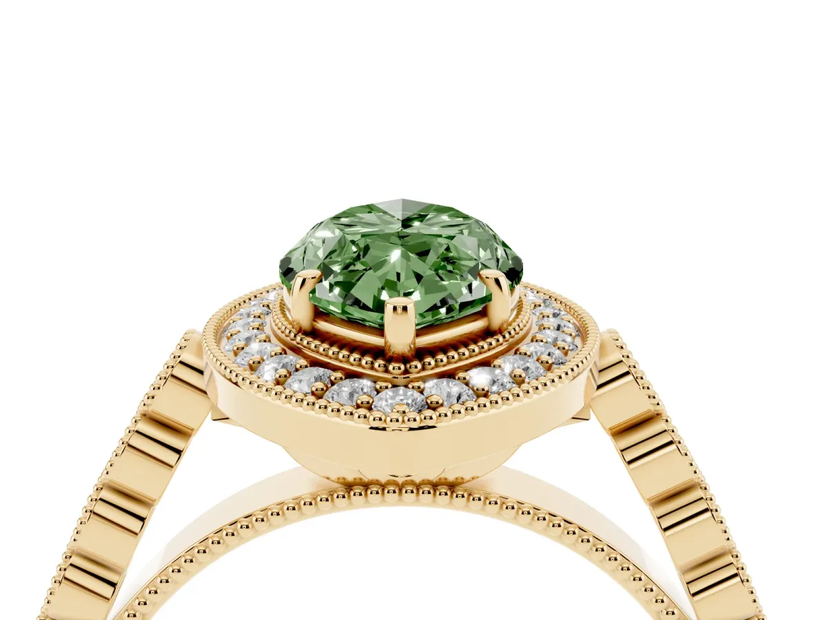 Fancy Green Marquise Cut Halo Milgrain Solitaire with Bezel Set Side Stones and Pave Band Yellow gold