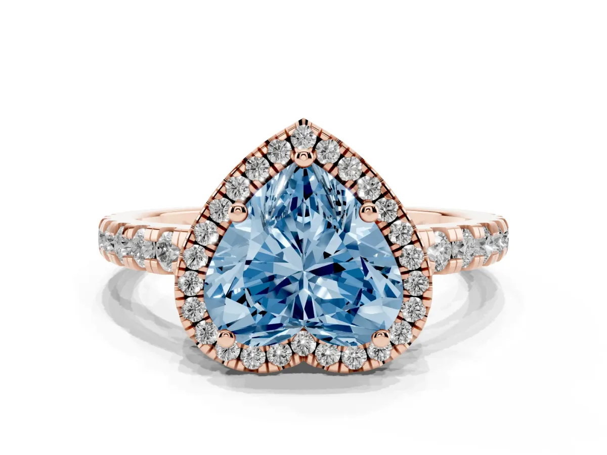 Fancy Blue Heart Cut Diamond Halo Ring with Pavé Band and Four-Prong Setting Rose gold