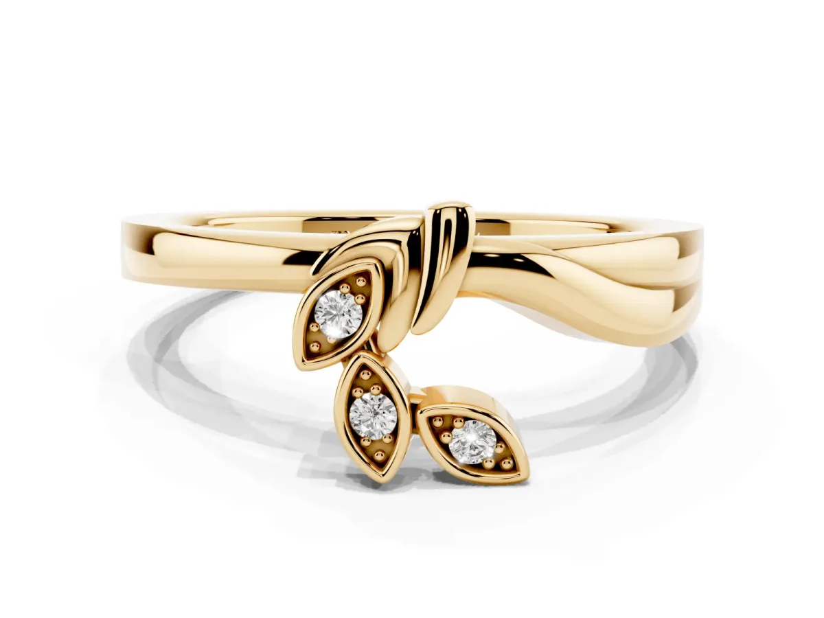 Three-Stone Round Diamond Leaf Bypass Ring with Bezel Setting Yellow gold