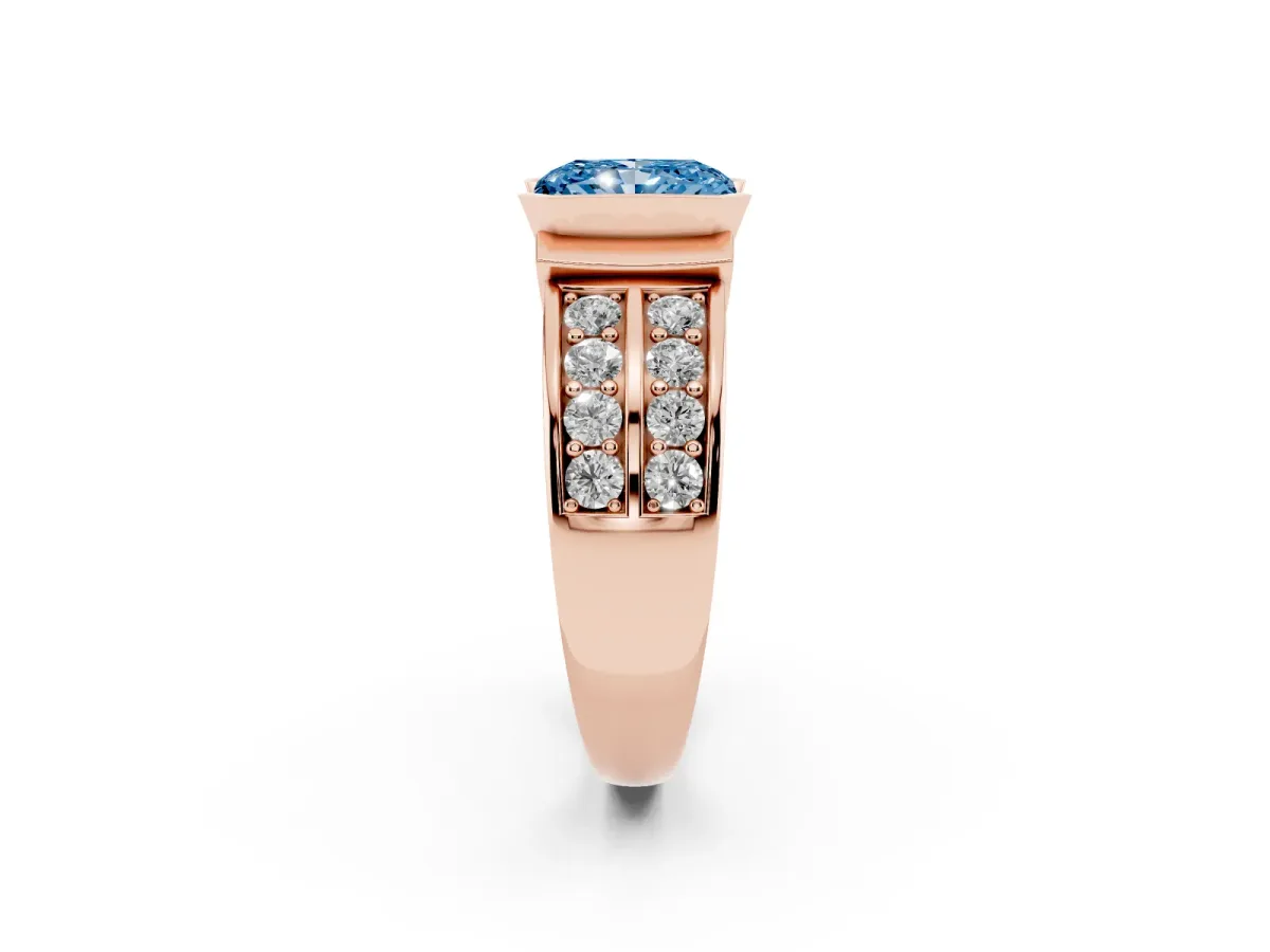 Fancy Blue Radiant Cut Brilliant Diamond Channel Set Wide Band Ring with Bezel Setting Rose gold